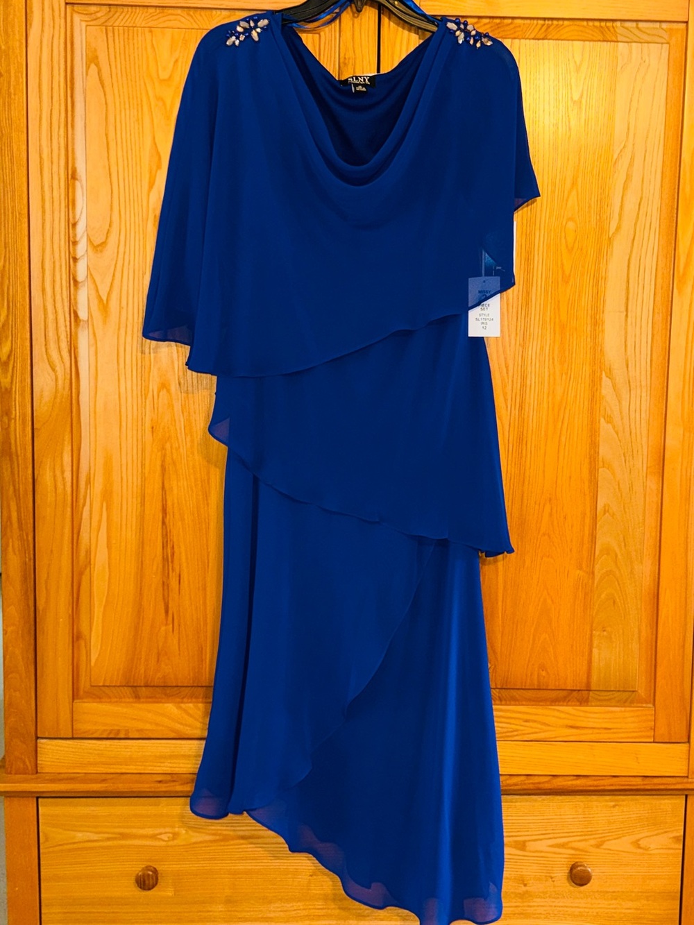 SLNY Royal Blue Asymmetrical Layered Evening Dress